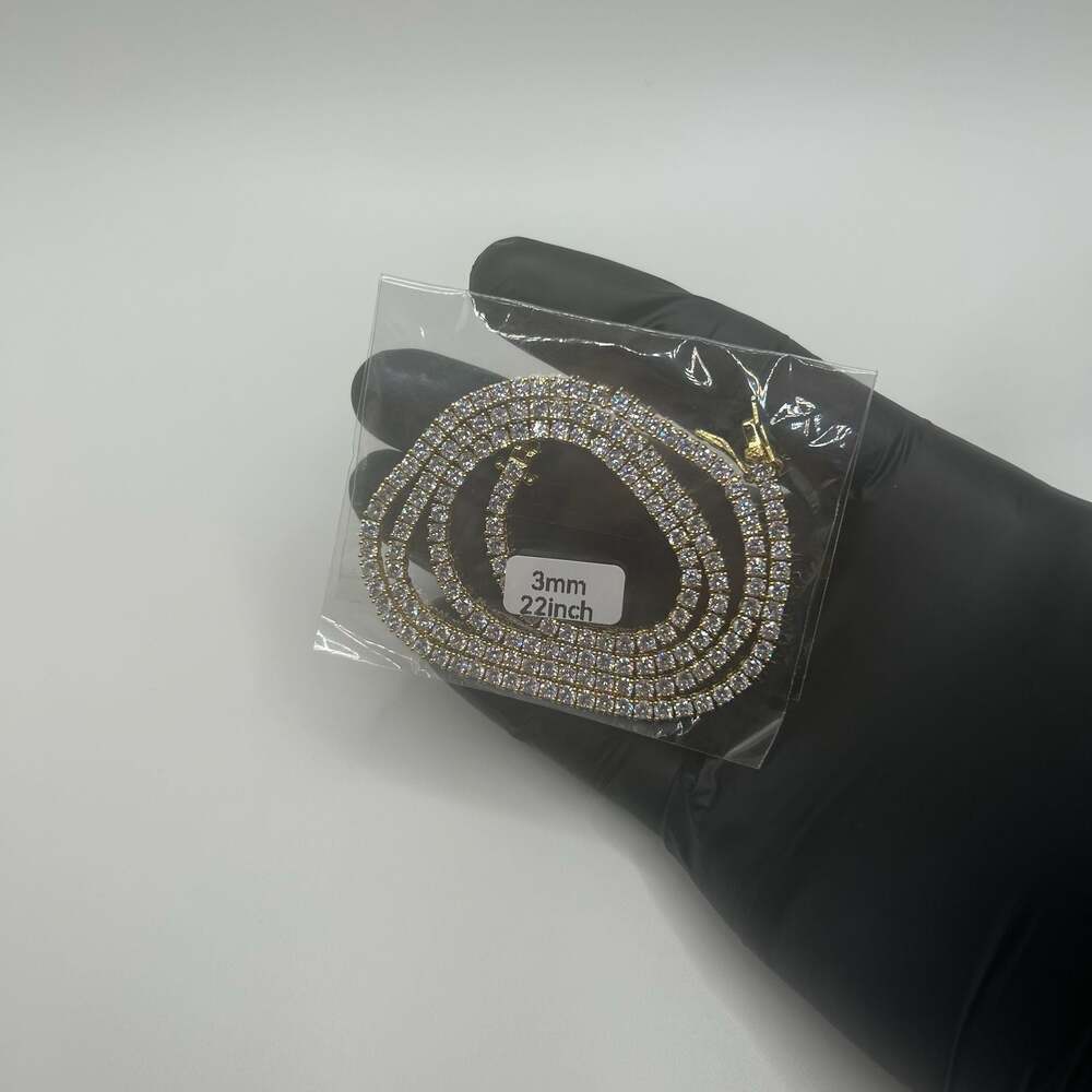 3mm VVS1 Moissanite Tennis Chain Necklace Real 14k Gold 22 Inch - Men Women